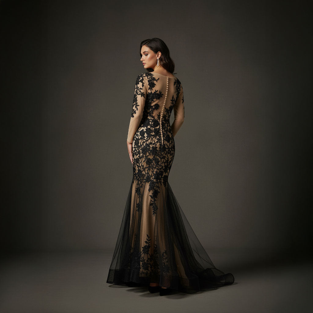 Maxi Fitted Black Lace Formal Evening Dress