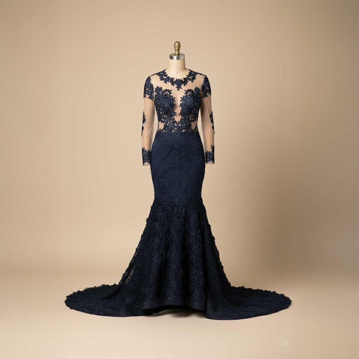 Black Lace Mermaid Style Prom Dress with Long Sleeves| XH1006