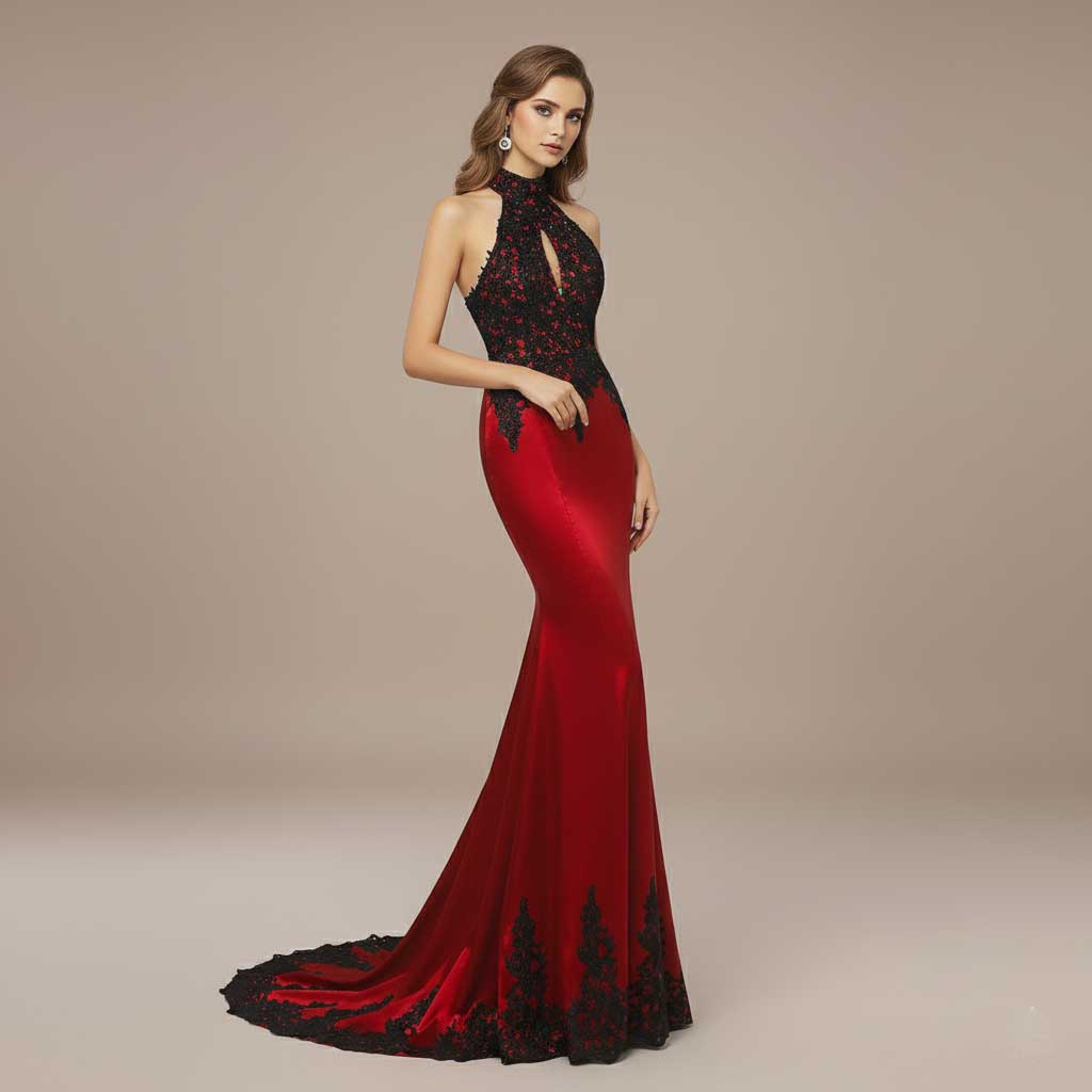 Elegant Black Lace Red Satin Halter Lace Mermaid Prom Evening Dress XH1029