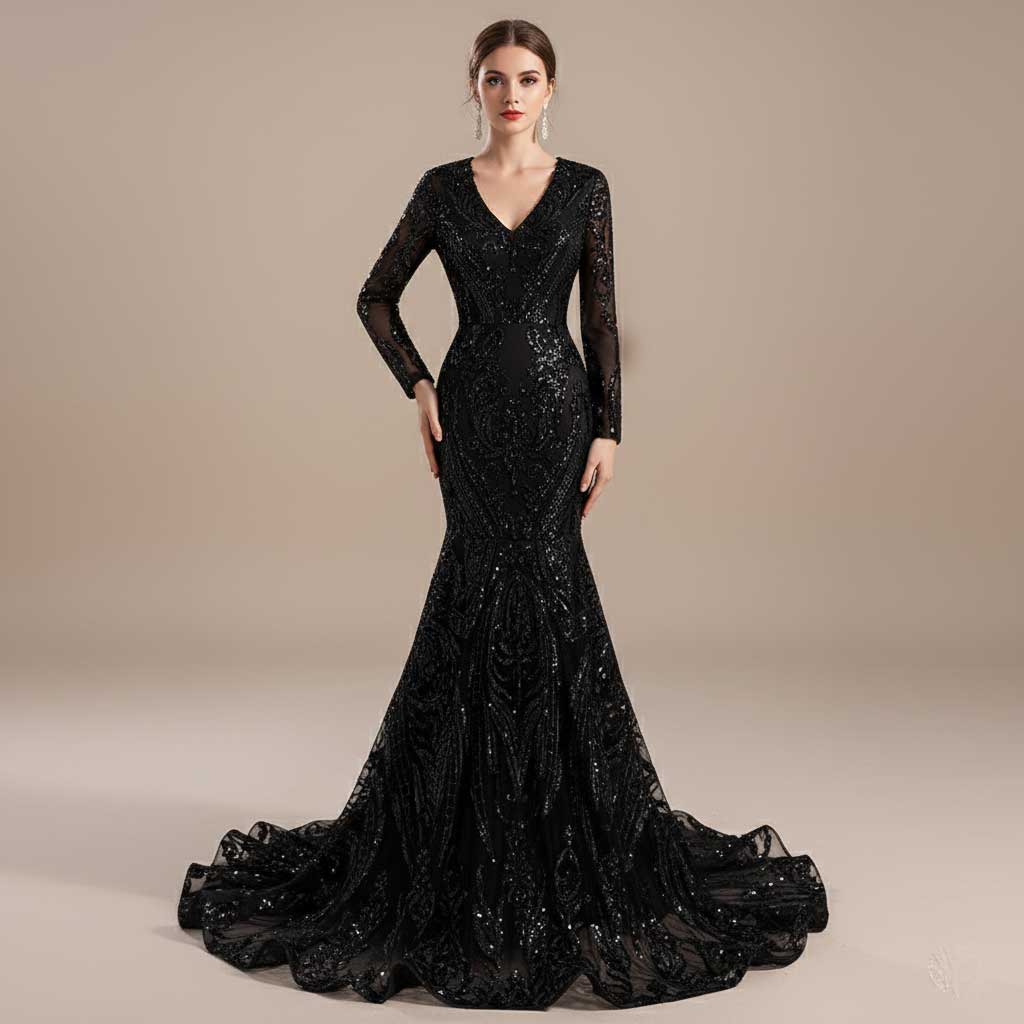 Maxi Long Black Sequins Fitted Mermaid Evening Dress with Long Sleeves EN5410