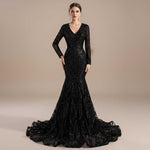 Maxi Long Black Sequins Fitted Mermaid Evening Dress with Long Sleeves EN5410