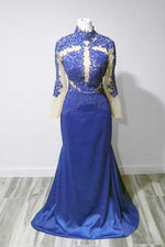 Blue Lace Maxi Mermaid Formal Dress with Long Sleeves XH1001