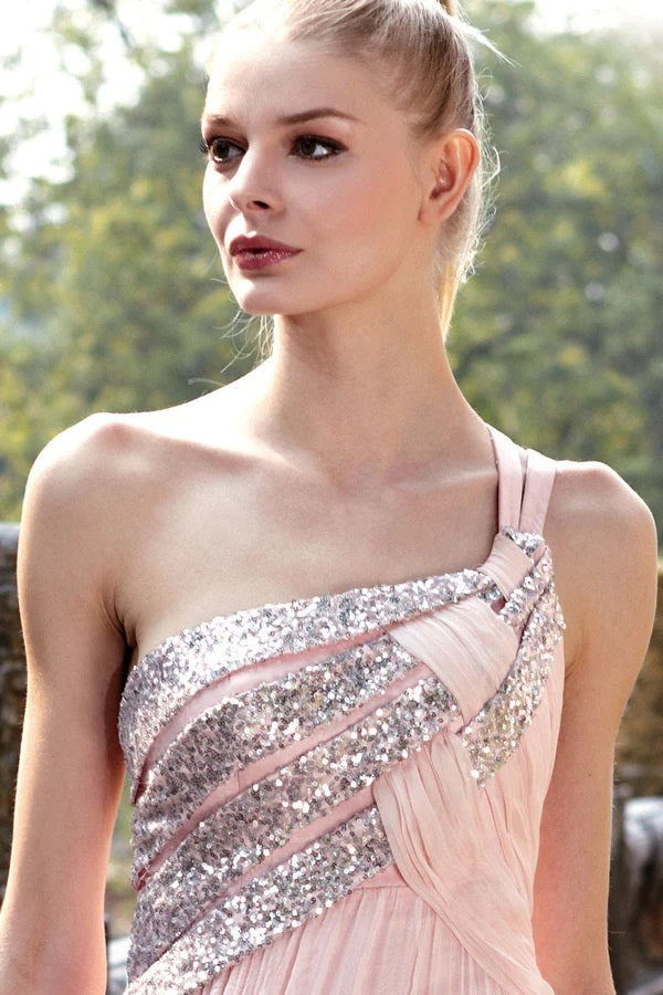 Blush Pink Maxi One Shoulder Grecian Goddess Prom Formal Evening Dress