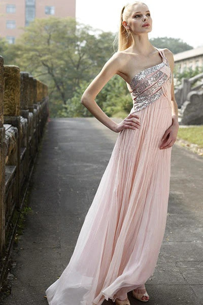 Blush Pink Maxi One Shoulder Grecian Goddess Prom Formal Evening Dress