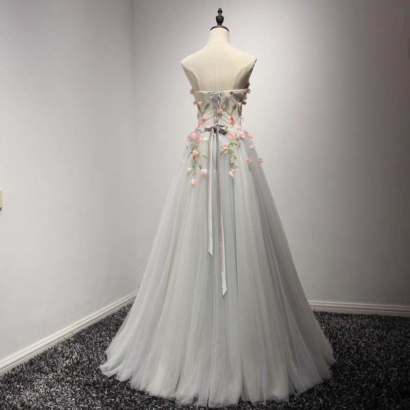 Strapless Gray Formal Prom Evening Dress with Floral Accents RR240