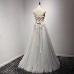 Strapless Gray Formal Prom Evening Dress with Floral Accents RR240