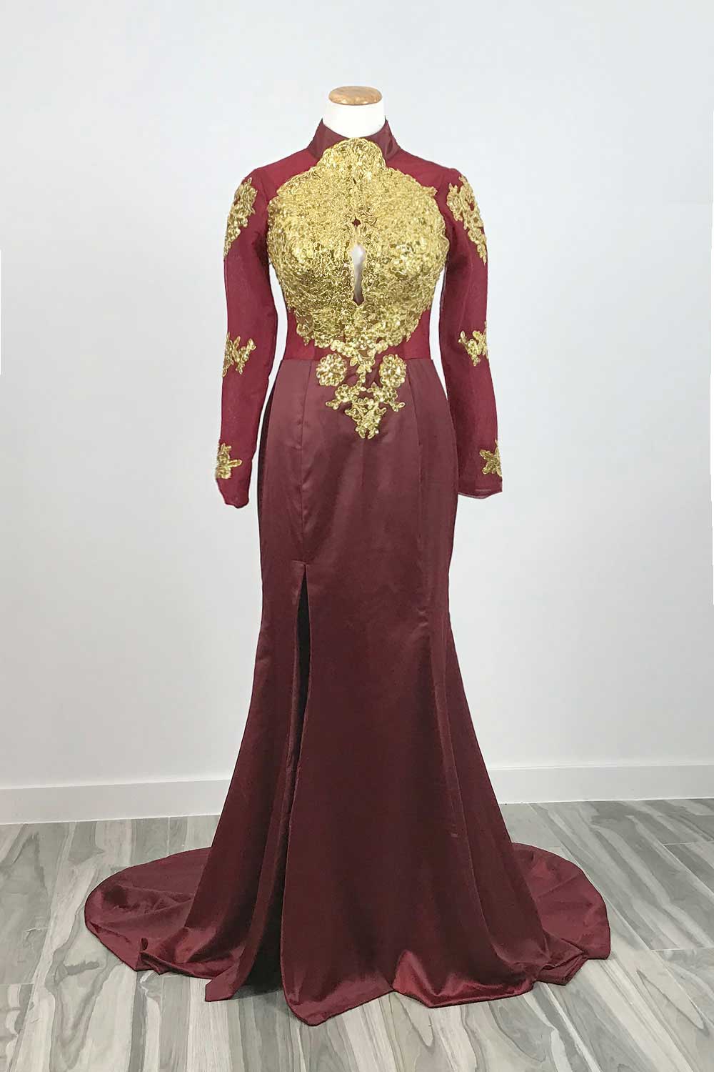 Burgundy Gold Lace Formal Prom Dress with Long Sleeves XH1023 Sample Sale Dress Burgundy Gold Lace Formal Prom Dress with Long Sleeves XH1023 Sample Sale Dress