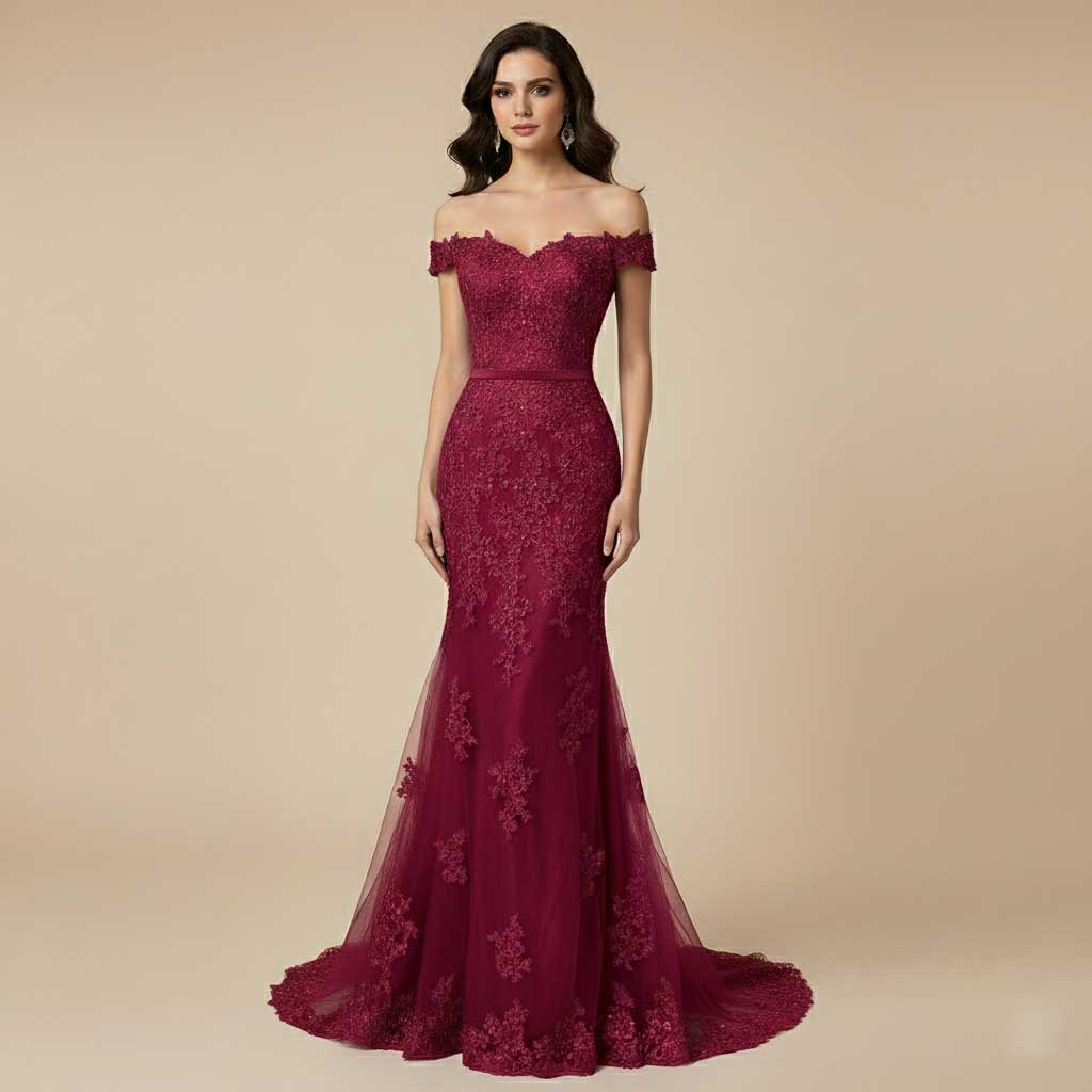 Burgundy Dark Red Lace Mermaid Formal Prom Evening Dress XH1063