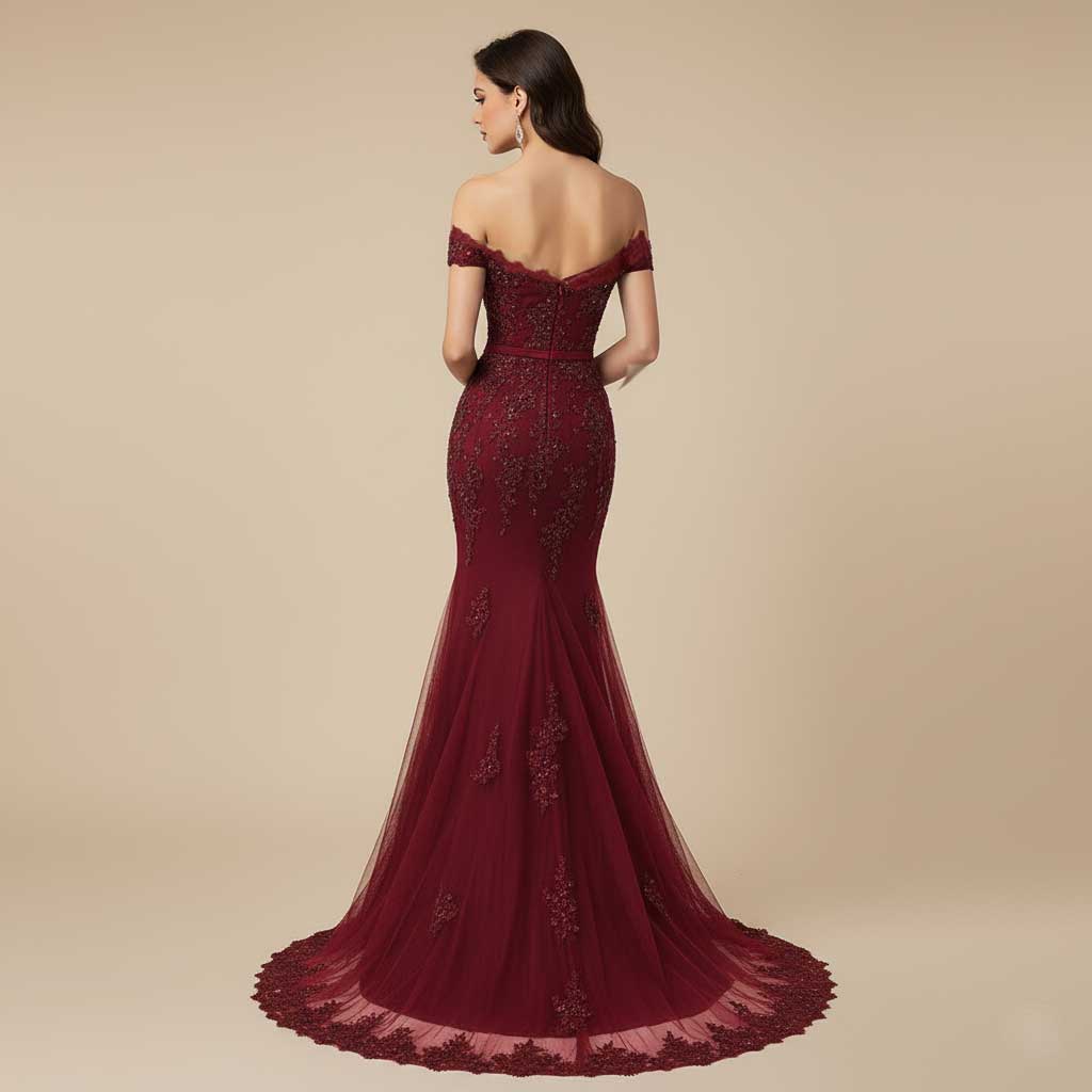 Burgundy Dark Red Lace Mermaid Formal Prom Evening Dress XH1063