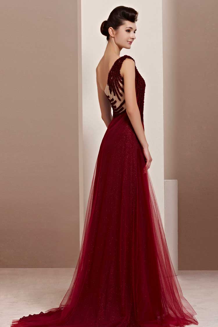 Grecian One Shoulder Burgundy Formal Prom Evening Dress