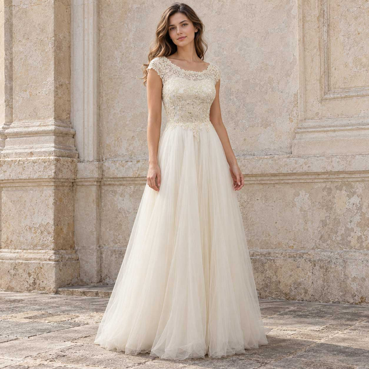 Vintage Style Floor Length Champagne Lace Wedding Dress