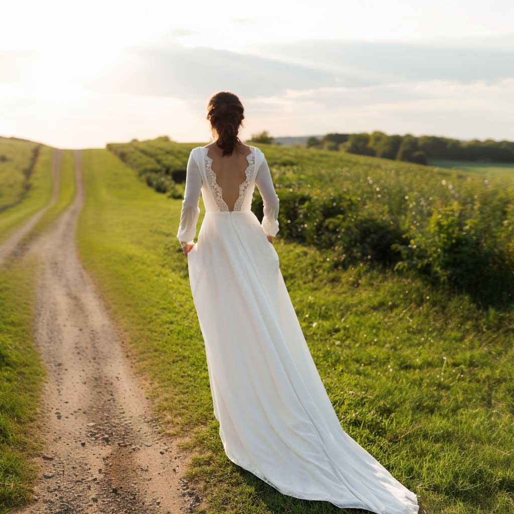 Boho Chiffon Wedding Dress with Long Sleeves ET3006