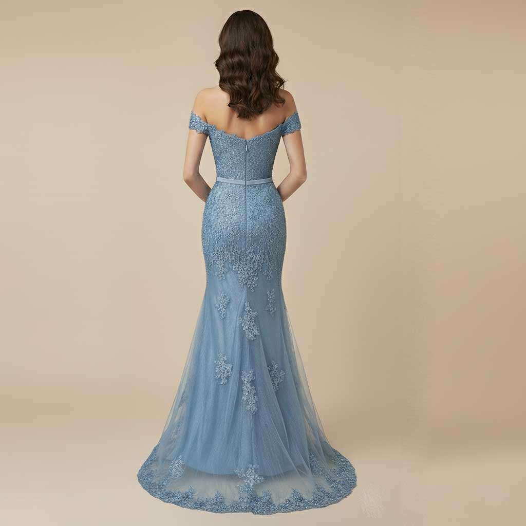 Dusty Blue Maxi Fitted Lace Prom Evening Dress XH1063