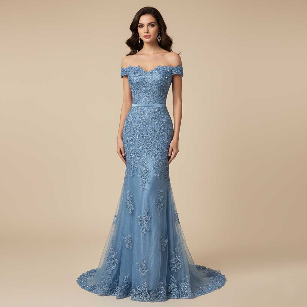 Dusty Blue Maxi Fitted Lace Prom Evening Dress XH1063 Sample Sale Dress Dusty Blue Maxi Fitted Lace Prom Evening Dress XH1063 Sample Sale Dress