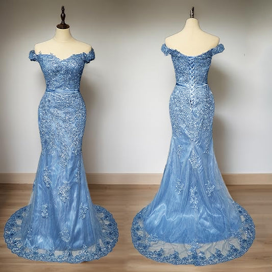 Dusty Blue Maxi Fitted Lace Prom Evening Dress XH1063