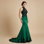 Elegant Black Lace Green Halter Lace Mermaid Prom Evening Dress