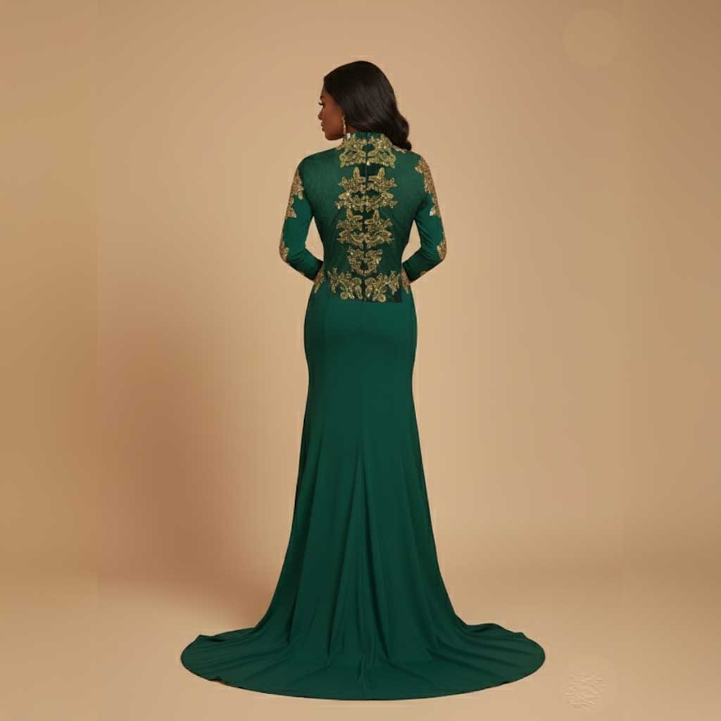 Green Gold Lace Formal Prom Dress with Long Sleeves XH1023
