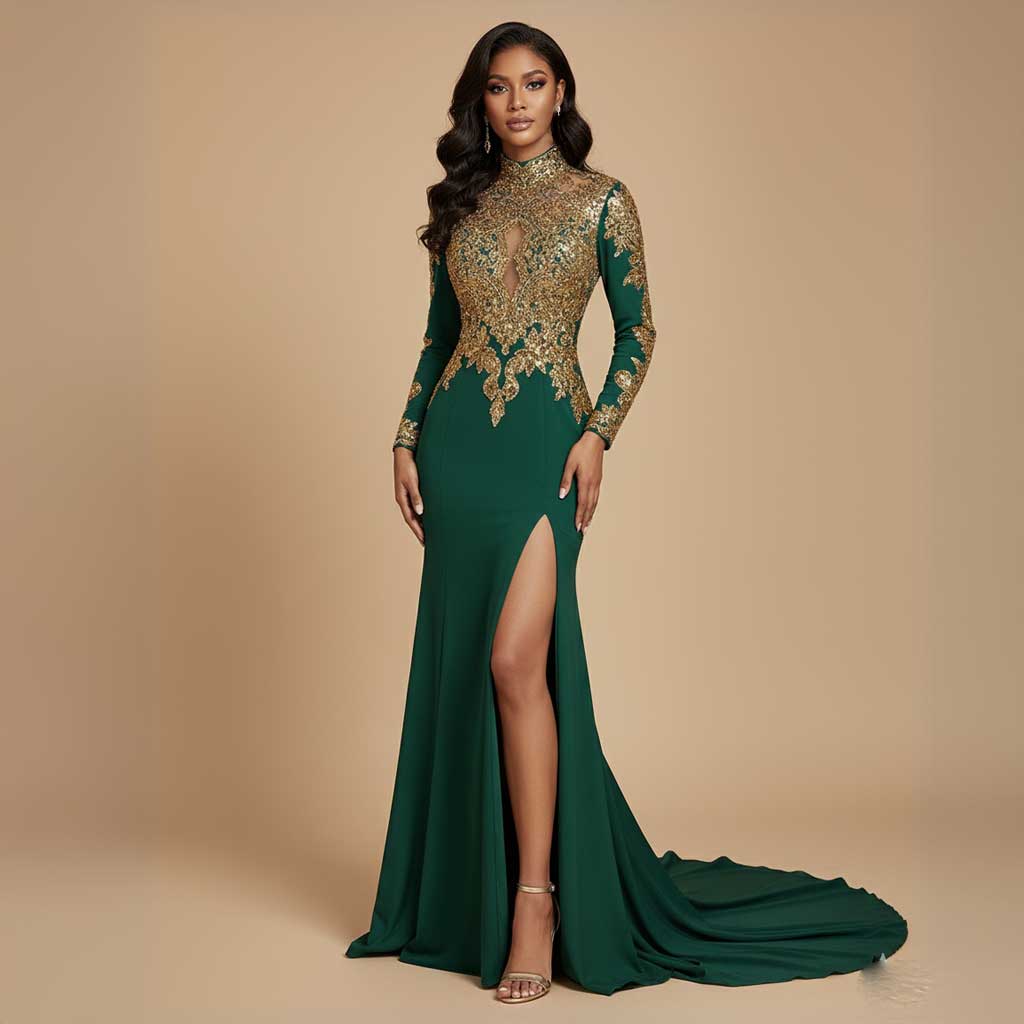 Green Gold Lace Formal Prom Dress with Long Sleeves XH1023