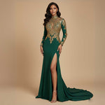 Green Gold Lace Formal Prom Dress with Long Sleeves XH1023