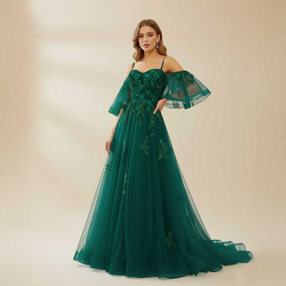 Hunter Green Lace Tulle Formal Prom Dress with Off Shoulder Sleeves XH1068