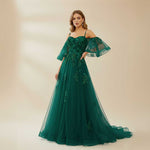 Hunter Green Lace Tulle Formal Prom Dress with Off Shoulder Sleeves XH1068