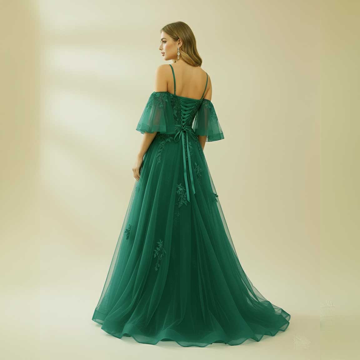 Hunter Green Lace Tulle Formal Prom Dress with Off Shoulder Sleeves XH1068