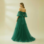 Hunter Green Lace Tulle Formal Prom Dress with Off Shoulder Sleeves XH1068
