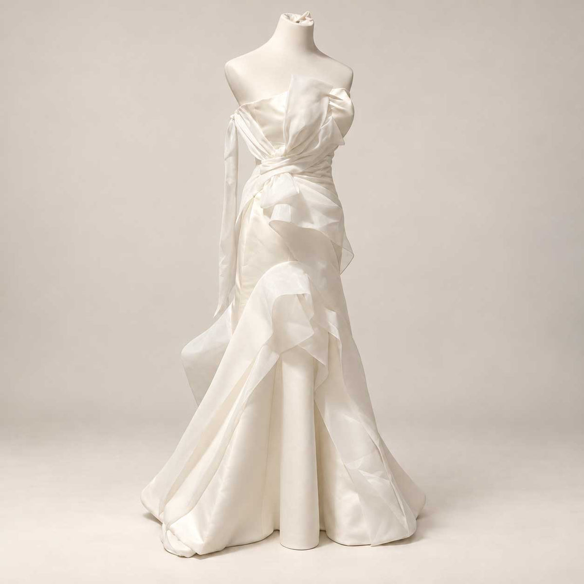 Ivory Strapless Satin Mermaid Wedding Dress with Organza Bow – Size 0