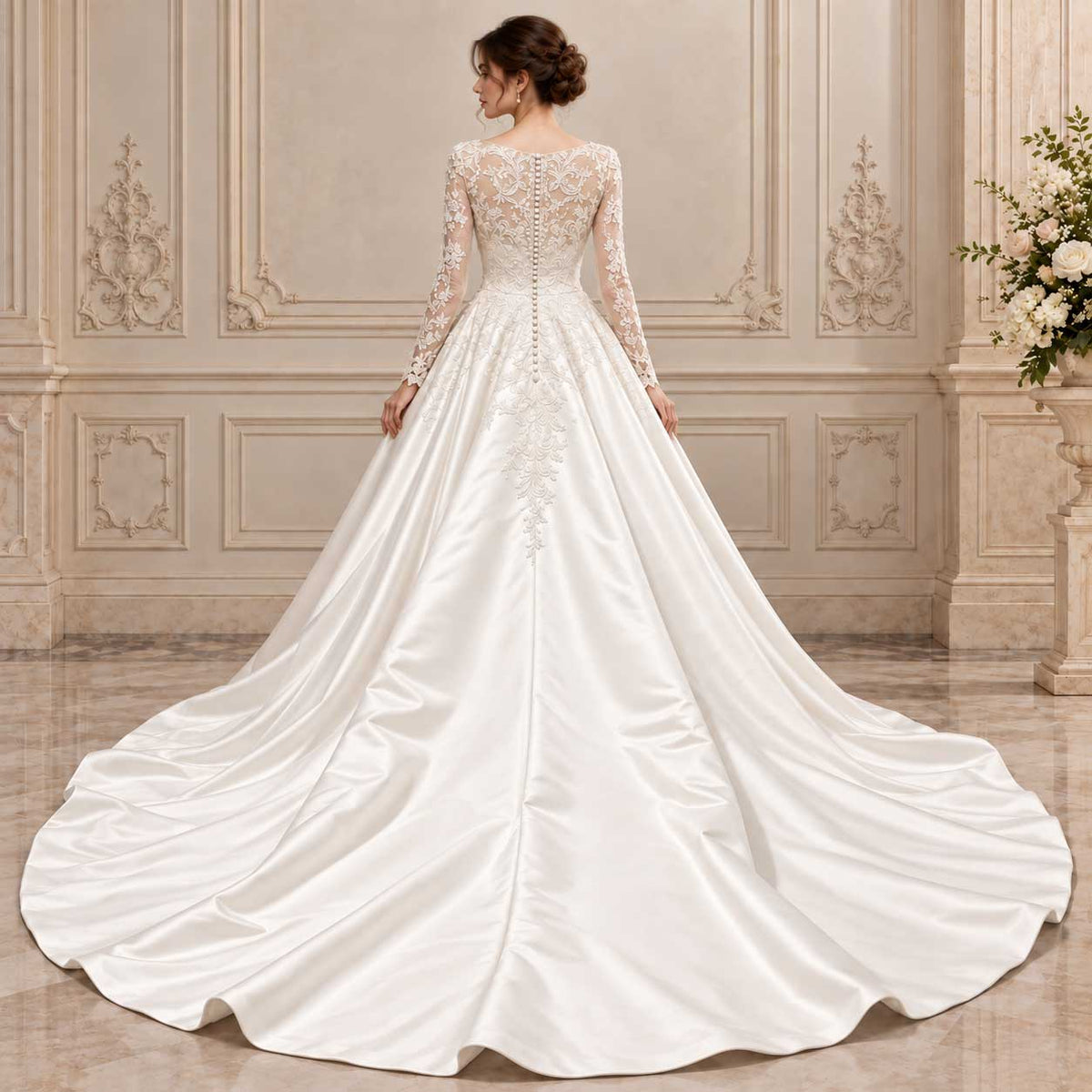 Ivory Lace A-line Wedding Dress with Cathedral Train