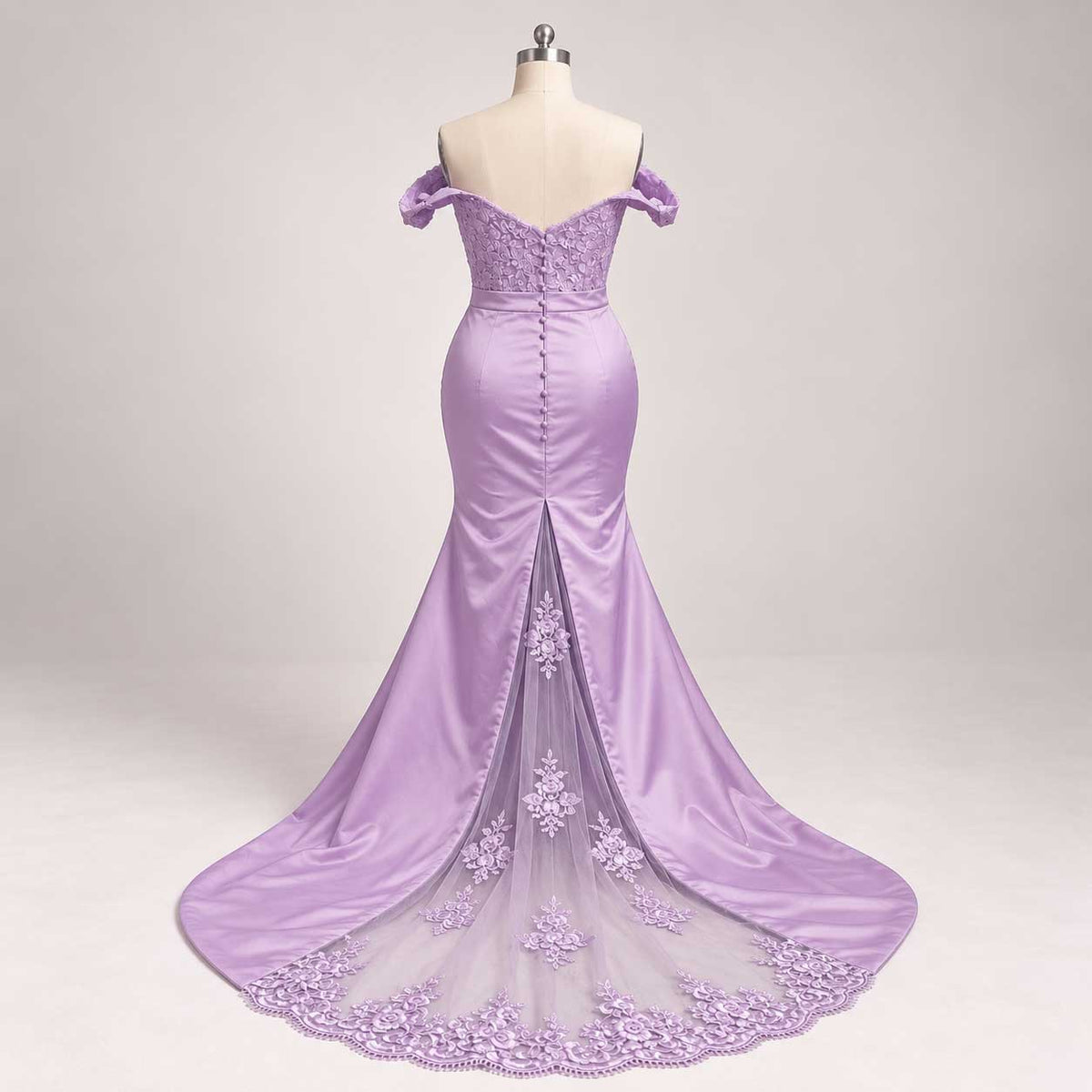 Lavender Off-the-Shoulder Lace Mermaid Formal Dress with Train | XH1027
