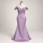 Lavender Off-the-Shoulder Lace Mermaid Formal Dress with Train | XH1027