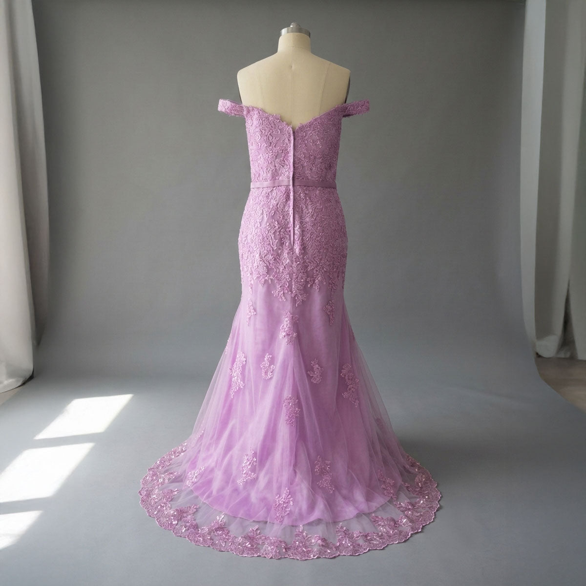 Magento Pink Maxi Fitted Lace Off the Shoulder Prom Evening Dress XH1063