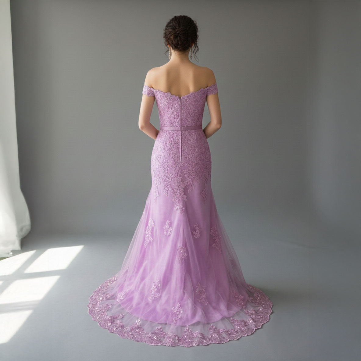 Magento Pink Maxi Fitted Lace Off the Shoulder Prom Evening Dress XH1063