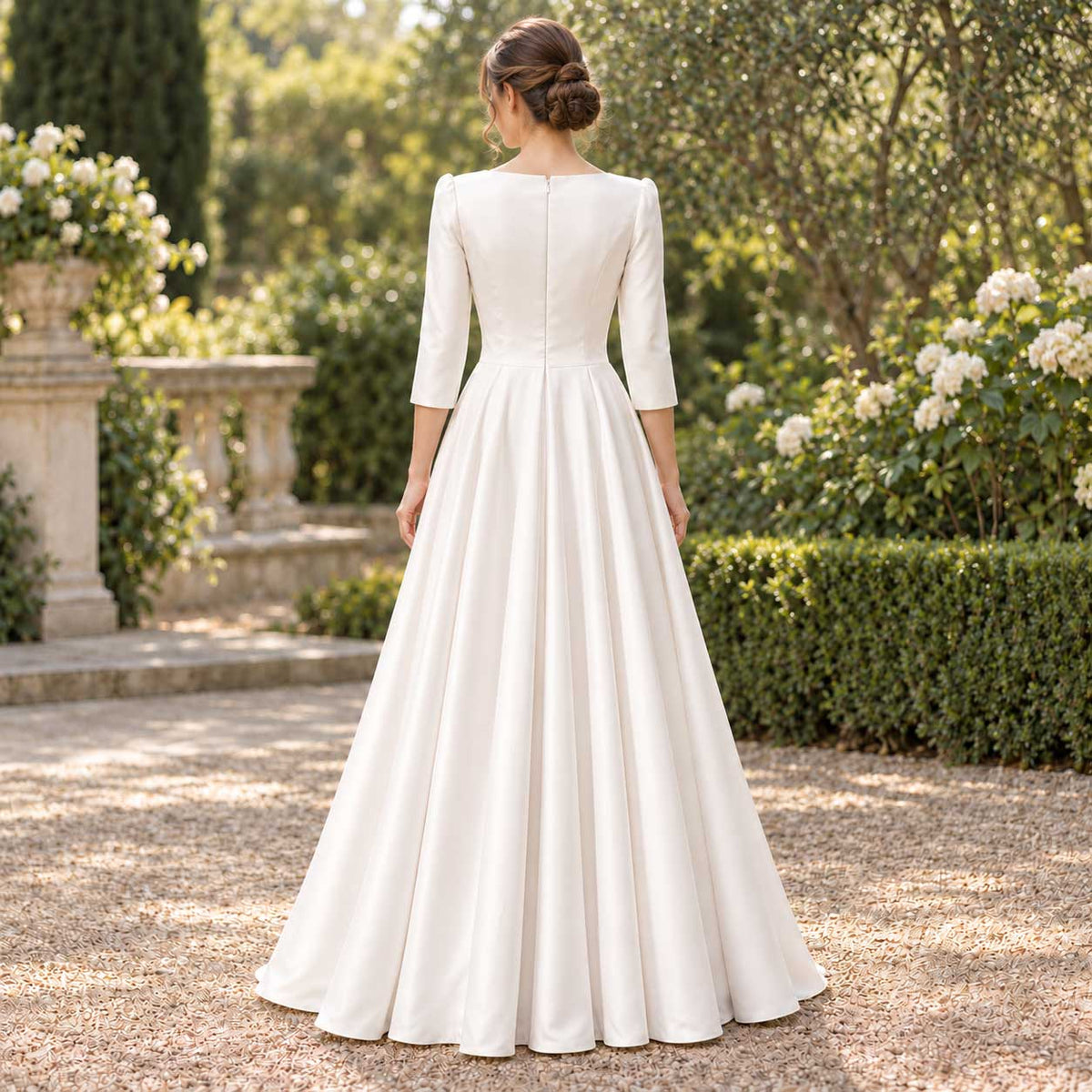 Modest White A-Line Wedding Dress with 3/4 SleevesXH1078