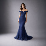 Navy Blue Maxi Fitted Lace Off the Shoulder Prom Evening Dress XH1063