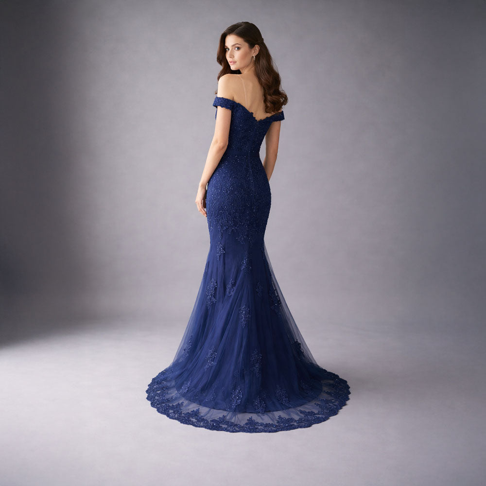 Navy Blue Maxi Fitted Lace Off the Shoulder Prom Evening Dress XH1063