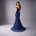Navy Blue Maxi Fitted Lace Off the Shoulder Prom Evening Dress XH1063