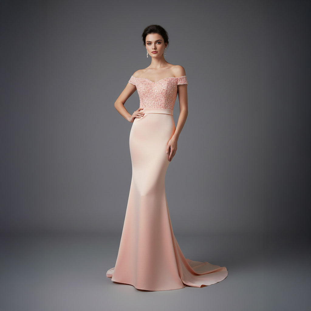 Maxi Peach Off the Shoulder Formal Evening Dress XH1027
