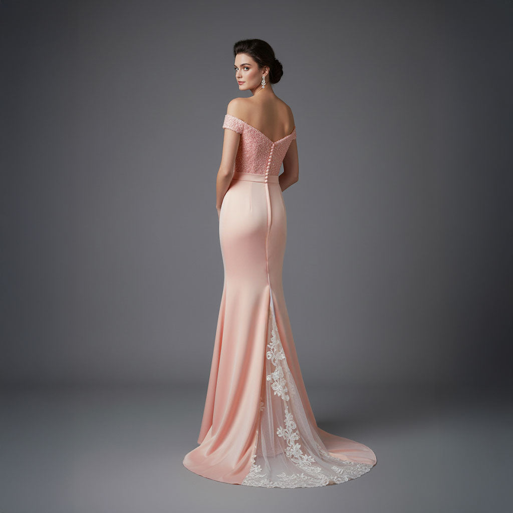 Maxi Peach Off the Shoulder Formal Evening Dress XH1027