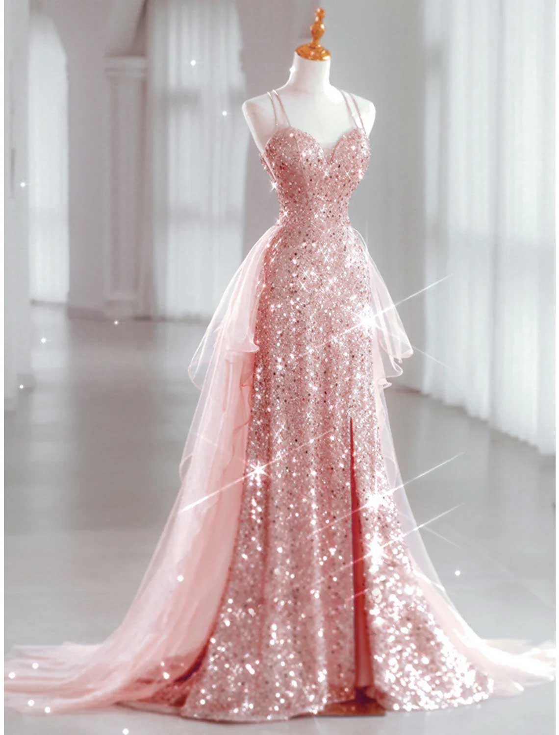 Maxi Pink Sparkly Prom Evening Party Dress with Thin Straps XH1071 Sample Sale Dress Maxi Pink Sparkly Prom Evening Party Dress with Thin Straps XH1071 Sample Sale Dress