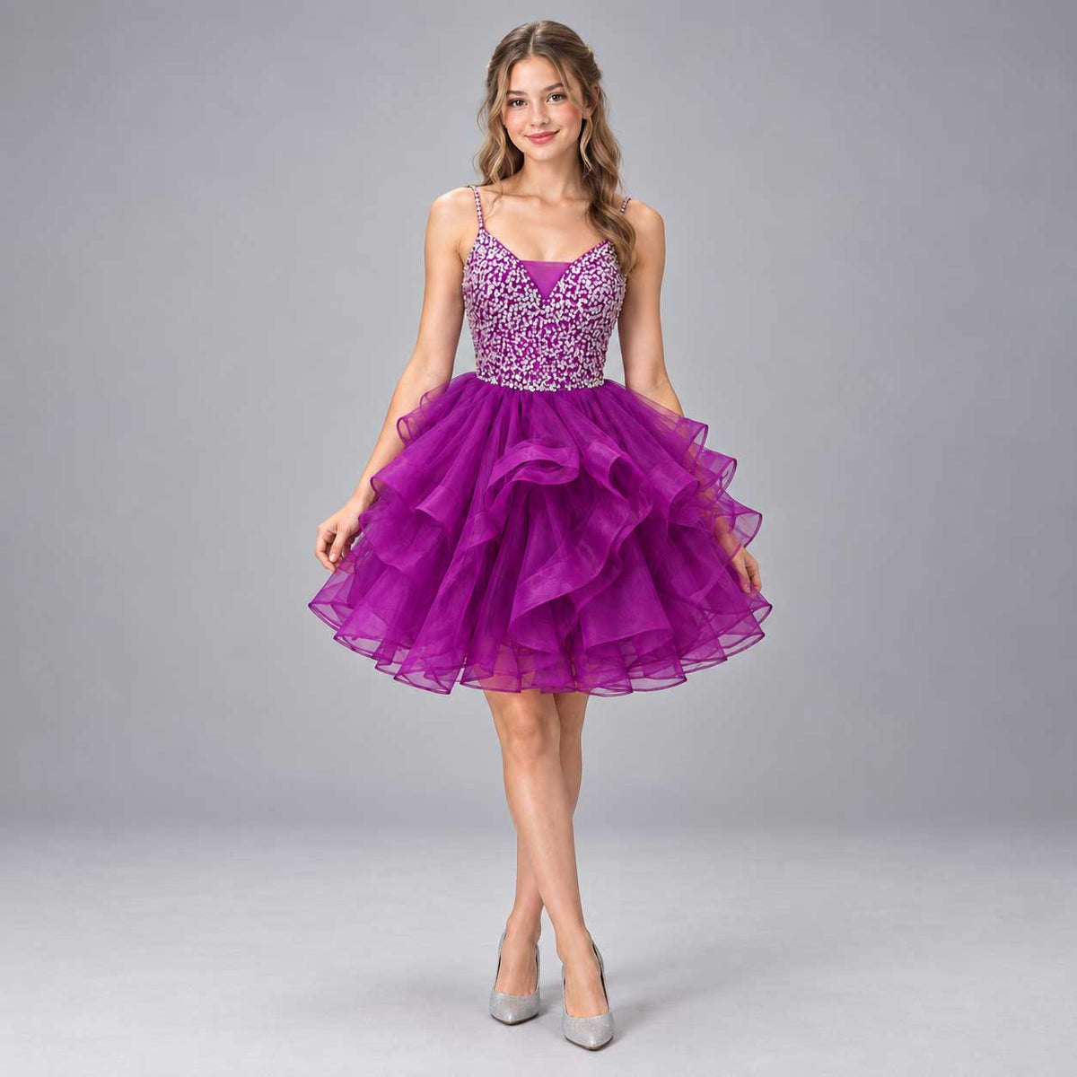 Purple Sparkly Sequin Cocktail Mini Ruffle Dress with Corset Back