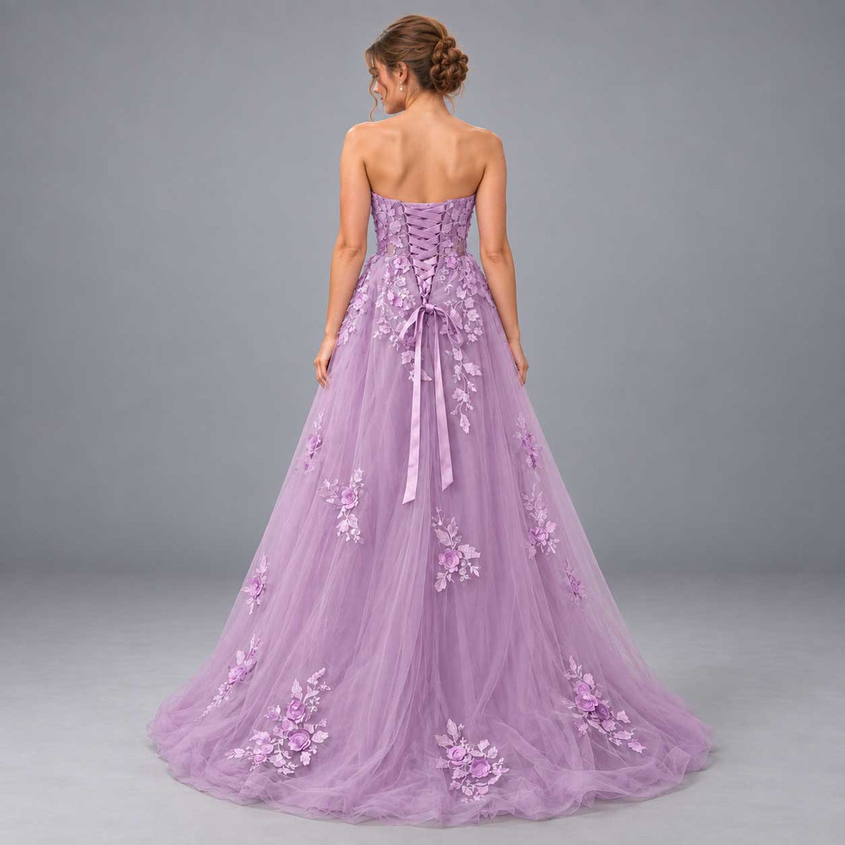 Maxi Lilac Floral Appliqué Corset-Back Prom Ball Gown XH1075