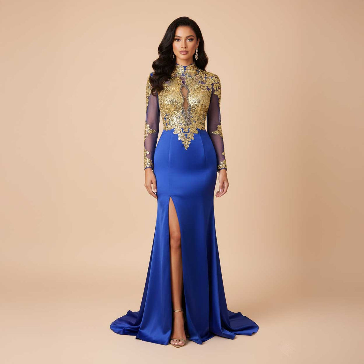 Royal Blue Gold Lace Formal Prom Dress with Long Sleeves XH1023