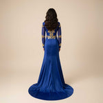 Royal Blue Gold Lace Formal Prom Dress with Long Sleeves XH1023