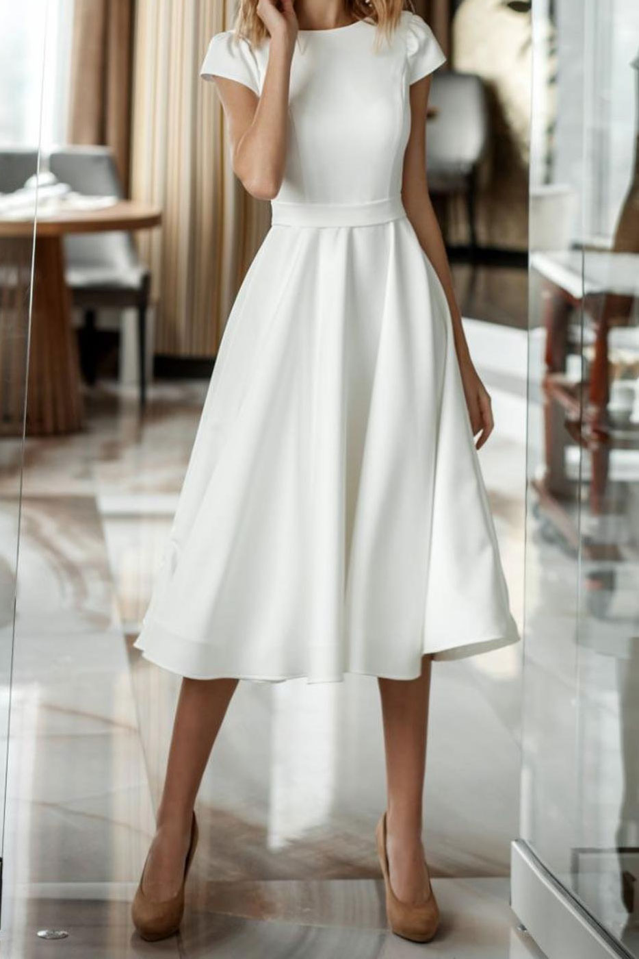Simple Elegant Short Minimalist Wedding Dress with Cap Sleeves ET3014 Sample Sale Dress Simple Elegant Short Minimalist Wedding Dress with Cap Sleeves ET3014 Sample Sale Dress