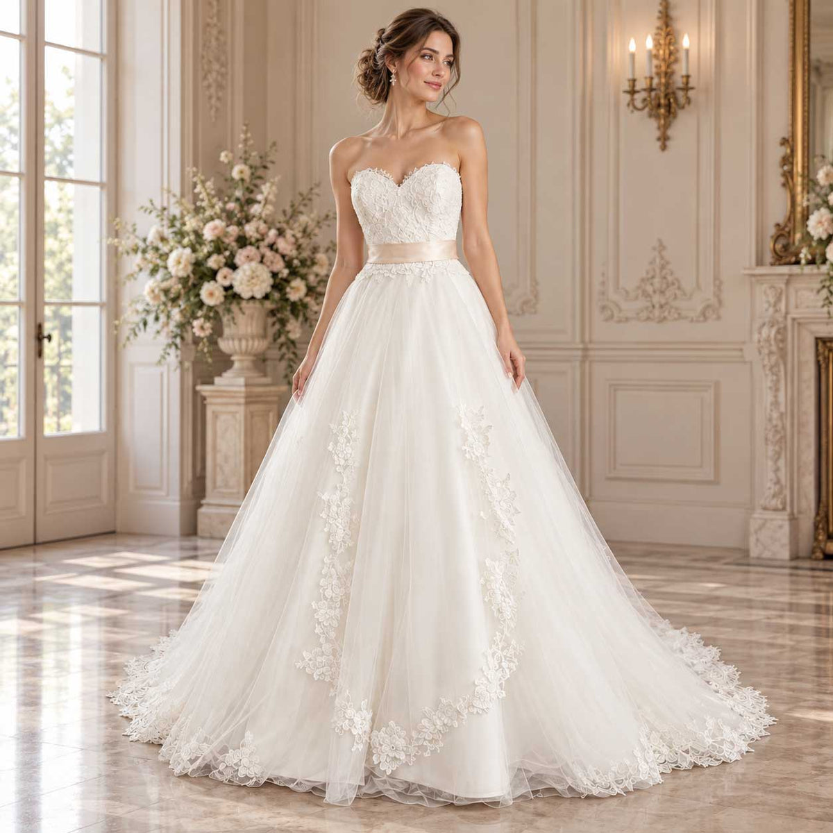 Romantic Strapless Lace A-Line Wedding Dress with Champagne Sash J1007