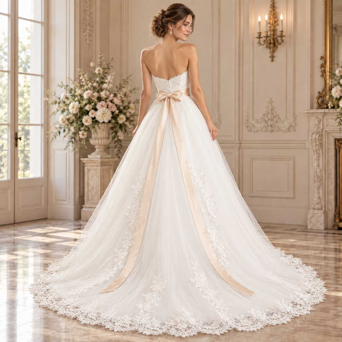 Romantic Strapless Lace A-Line Wedding Dress with Champagne Sash J1007