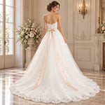 Romantic Strapless Lace A-Line Wedding Dress with Champagne Sash J1007