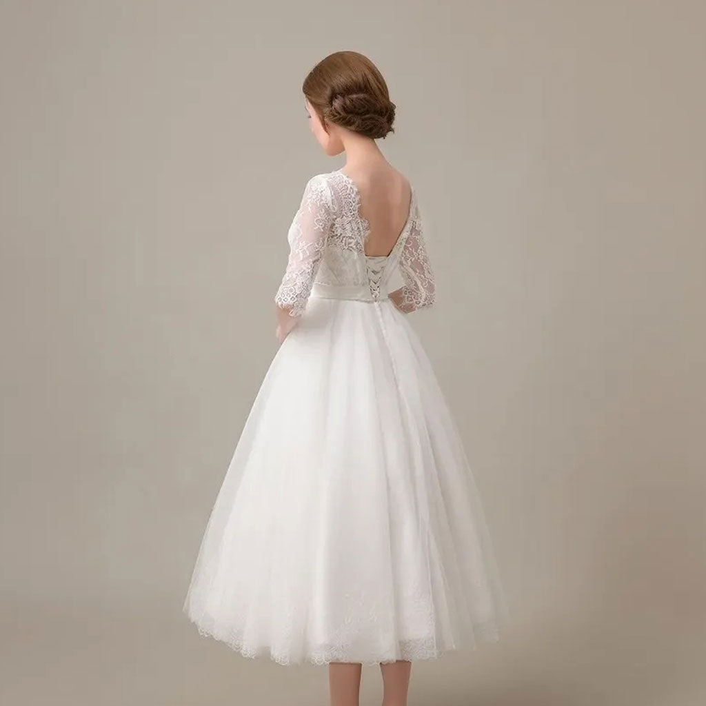 Vintage Style Lace Tea Length Wedding Dress with Sleeves