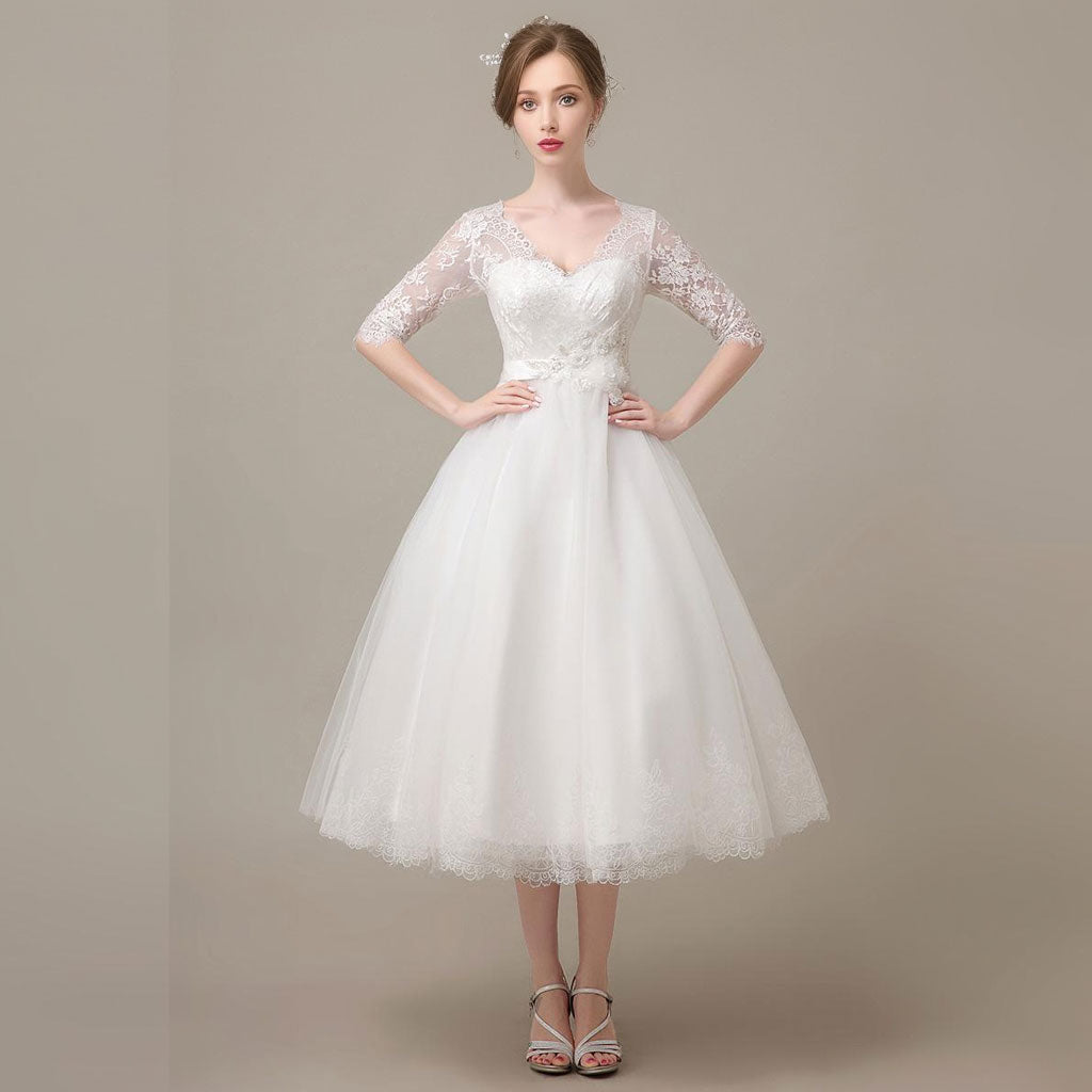 Vintage Style Lace Tea Length Wedding Dress with Sleeves